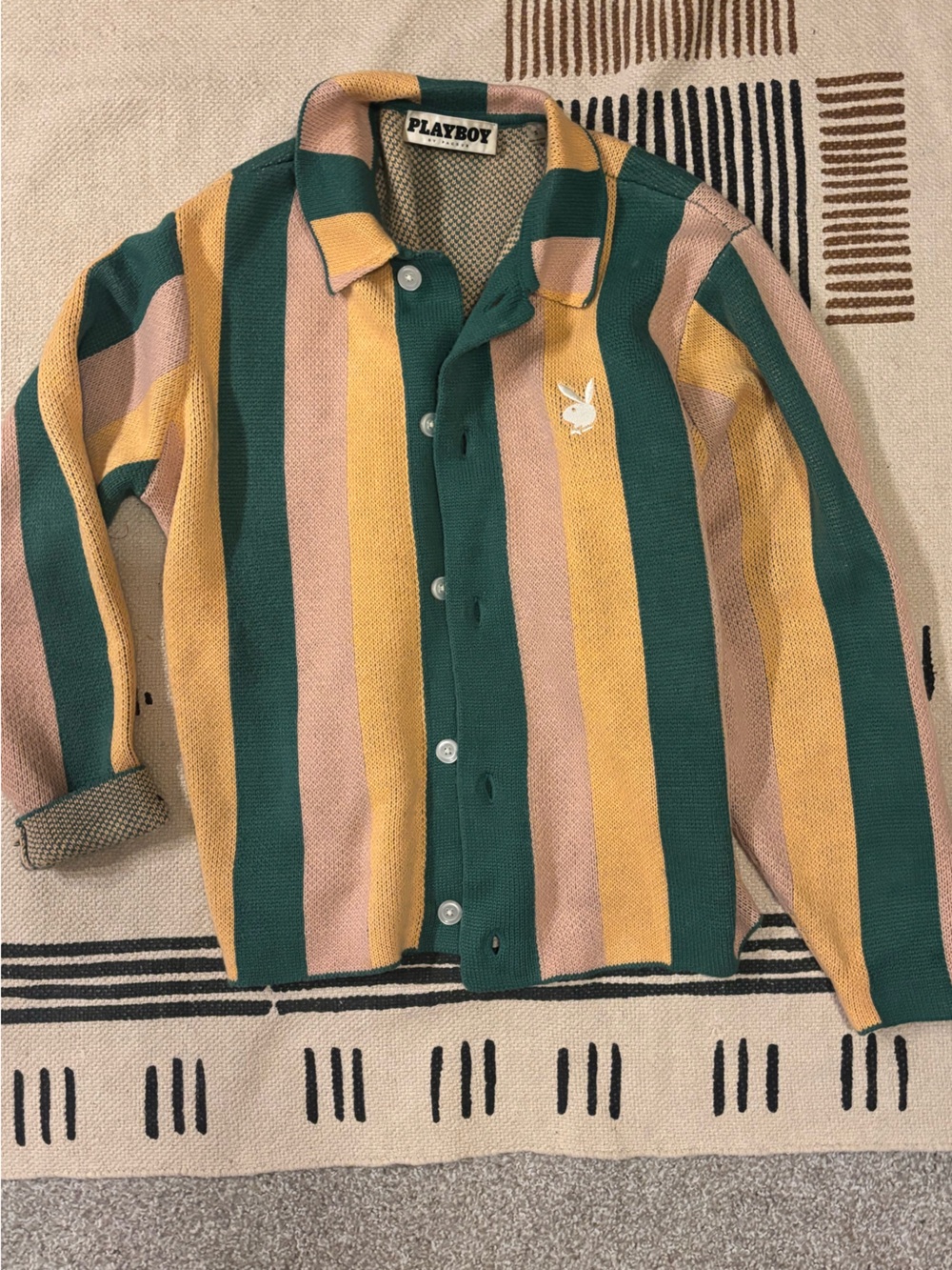 PLAYBOY Striped Button-Down Shirt in Green, Yellow & Pink